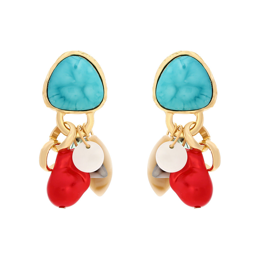 Turquoise Shell Gemstone Blue Red 18K Gold Dangler Earring Women Bulk