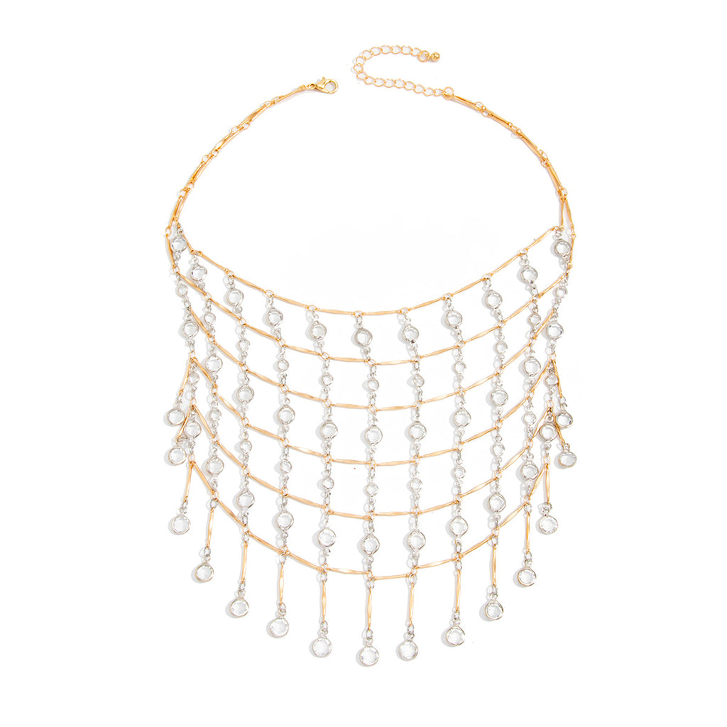 Multi-Layer Waterfall Gold Plated Rhinestone Fringe Alloy Necklace Bulk