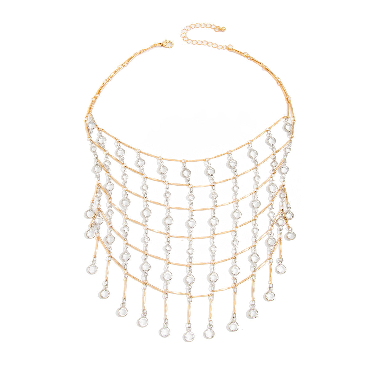 Multi-Layer Waterfall Gold Plated Rhinestone Fringe Alloy Necklace Bulk