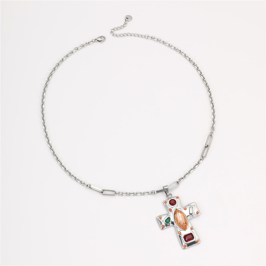 Jesus Cross Silver Brown Multi Gemstone Stainless Steel Anti Tarnish Pendant Chain Necklace For Women