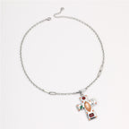 Jesus Cross Silver Brown Multi Gemstone Stainless Steel Anti Tarnish Pendant Chain Necklace For Women