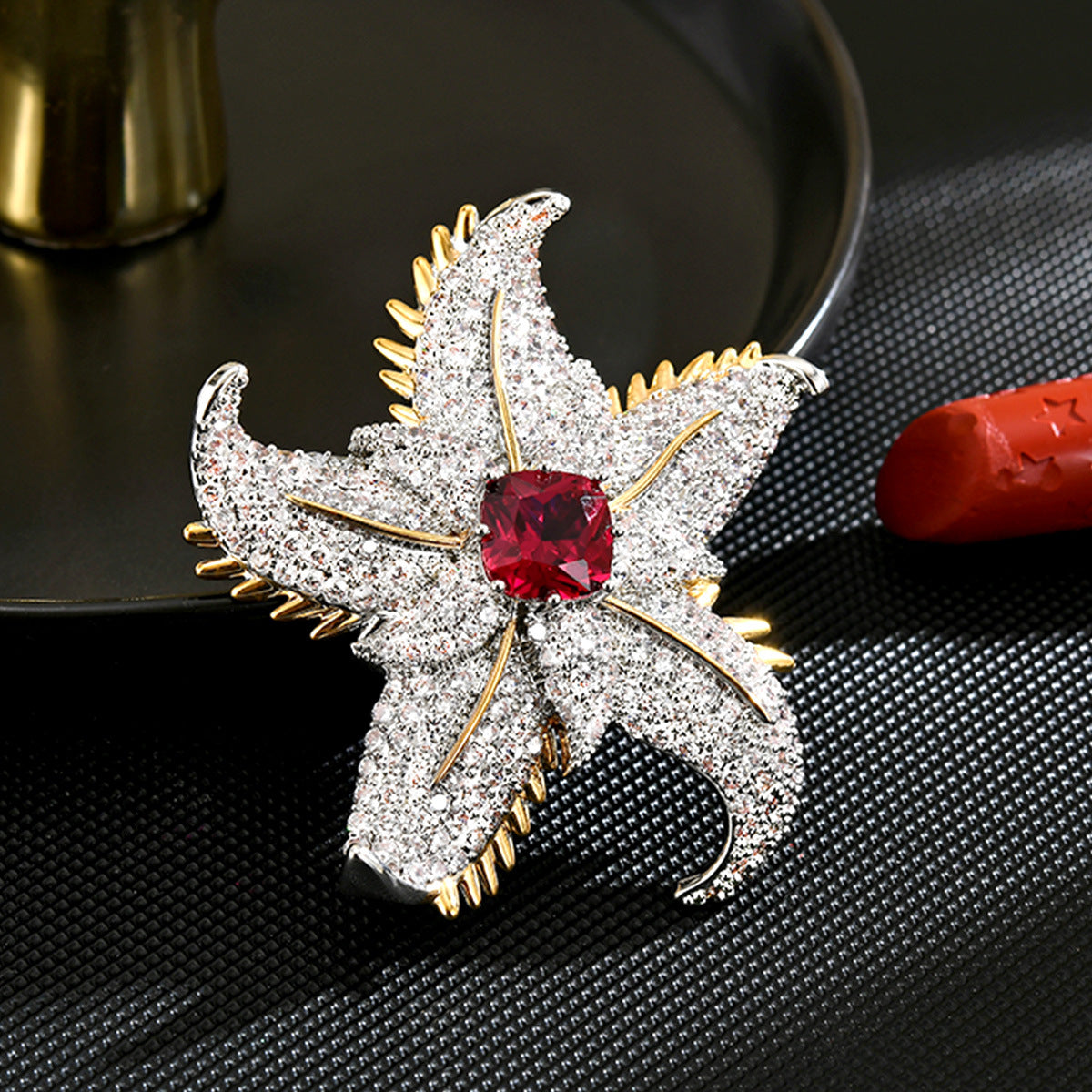 Pink Gold Starfish Cubic Zirconia Copper Anti Tarnish Brooch Women Bulk