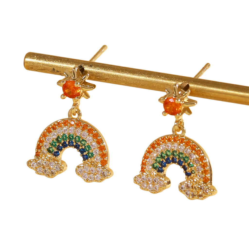 Designer Multi Color Rainbow Horseshoe Gold CZ Copper Drop Earrings Bulk