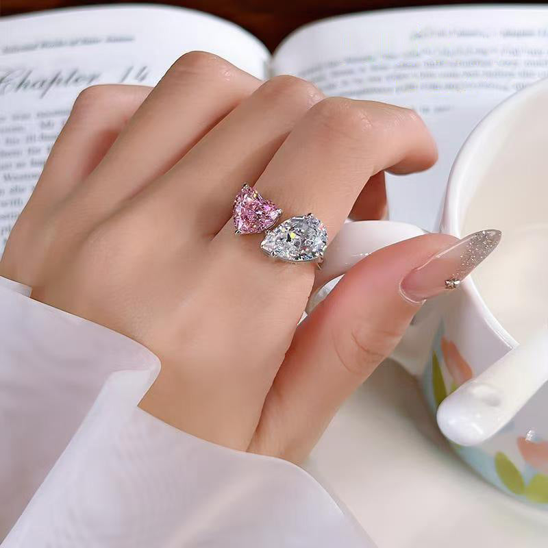 Pink White Heart Pear Cubic Zirconia Copper Adjustable Ring For Bulk