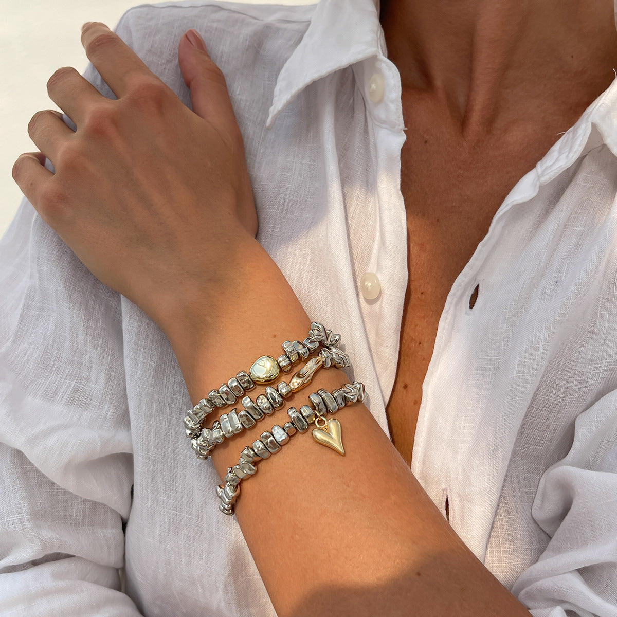 Bulk Layered Heart Gold Silver Plated Beads Alloy Bracelet For Women