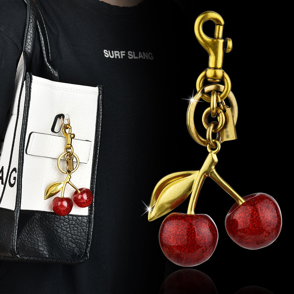 Cherry Antique Gold Plated Red Glitter Acrylic Keychain For Women