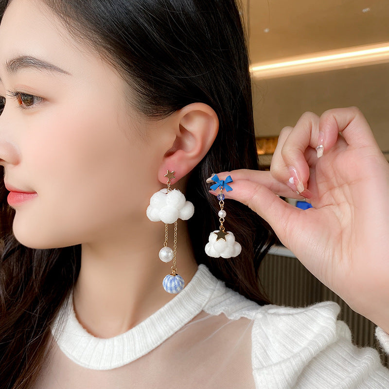 Cloud Star Bow Silver White Blue Anti Tarnish Dangler Tassel Earring For Women