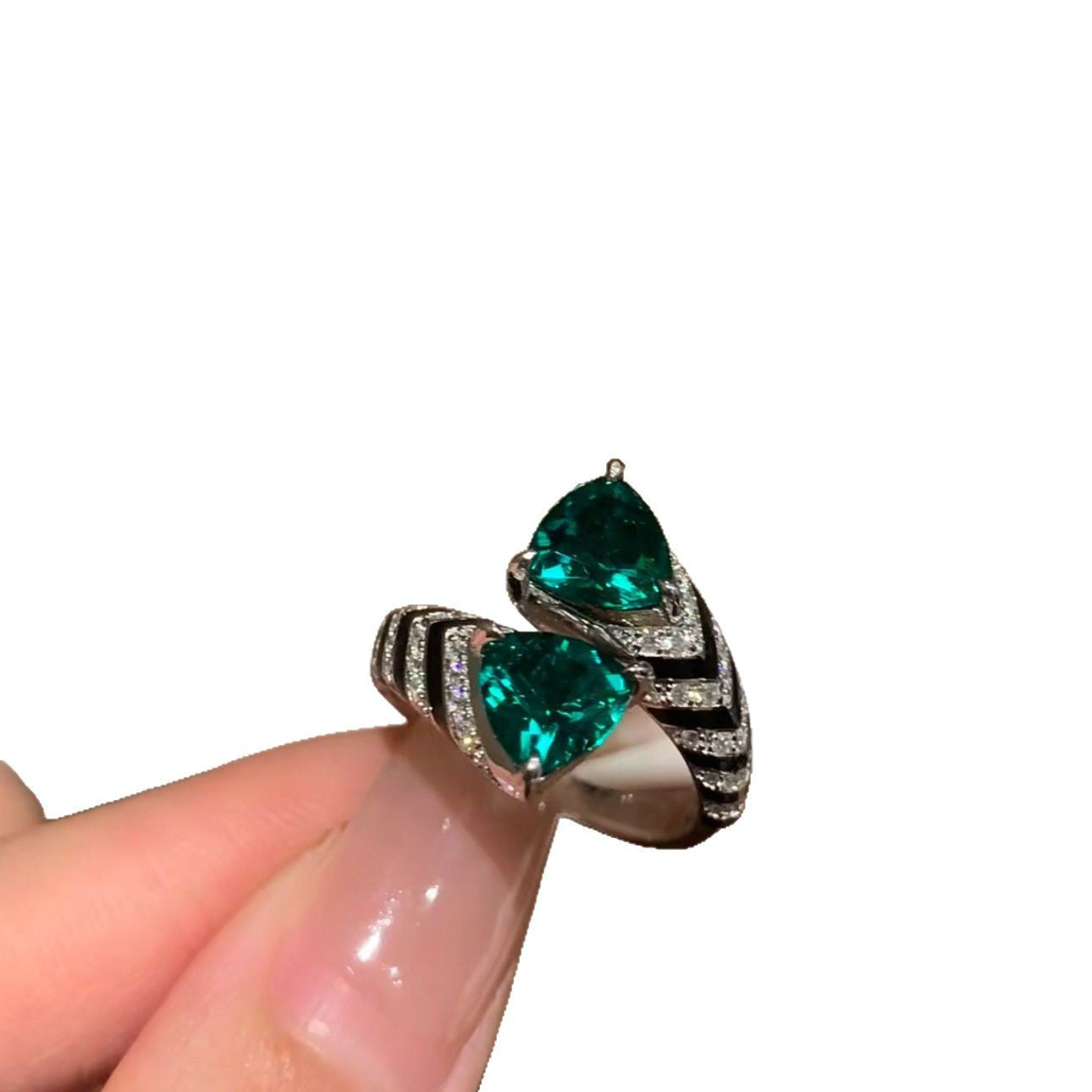 Drop Emerald Green Solitaire Black CZ Silver Anti Tarnish Ring Bulk