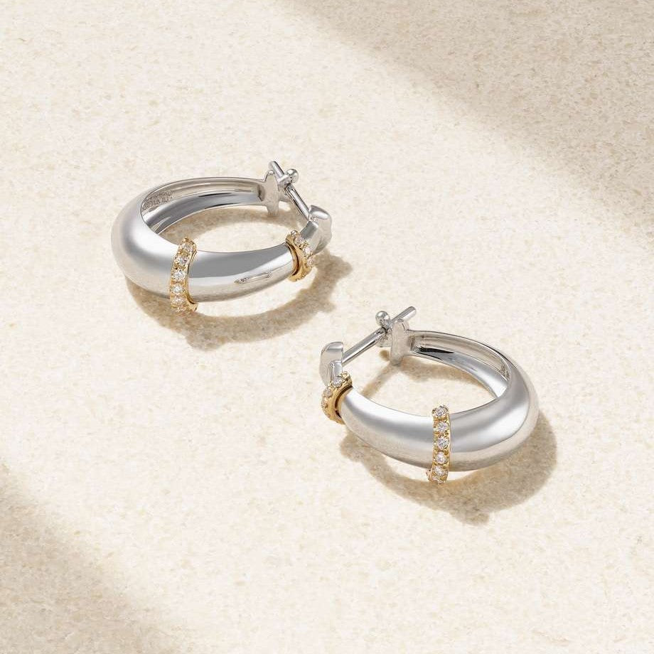 Modern Dual Tone Silver Plated CZ Stainless Steel Hoop Earrings Bulk Main image