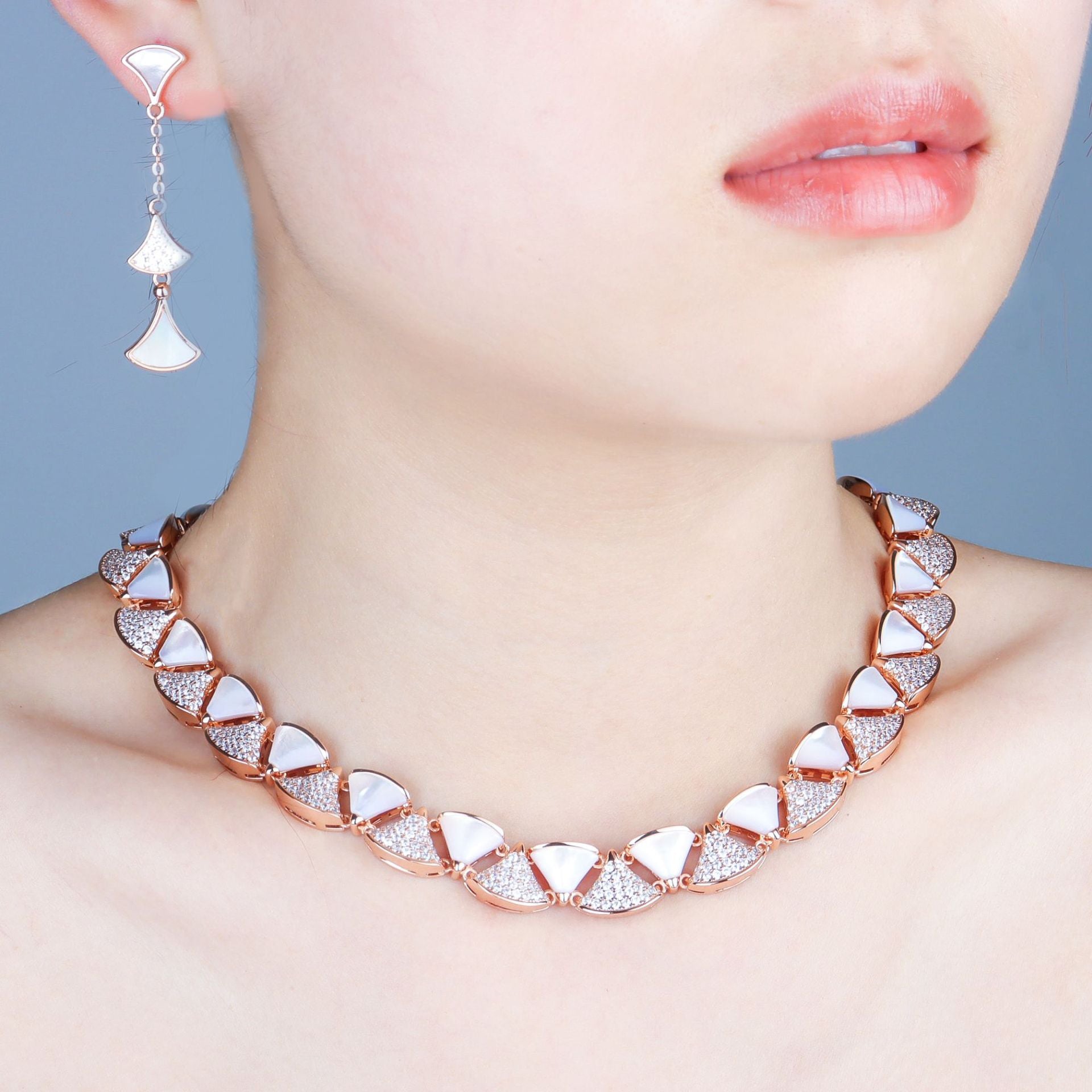 Modern White Shell Rose Gold Plated CZ Copper Necklace Earring Set Bulk Main image