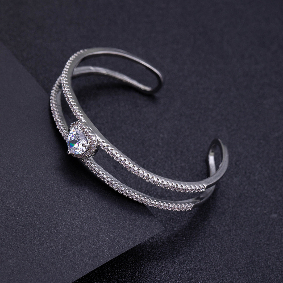 Bulk Heart Layered Silver Plated CZ Anti Tarnish Copper Cuff & Kada