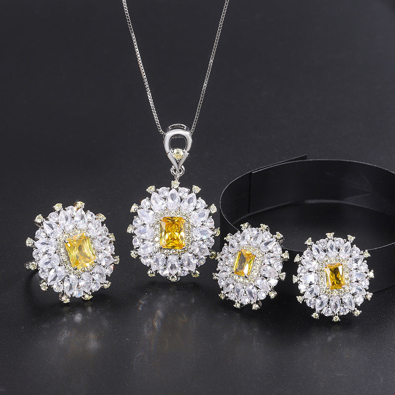 Flower Rectangle Yellow Gemstone Silver Cubic Zirconia Necklace Earring Ring Set For Women Main image