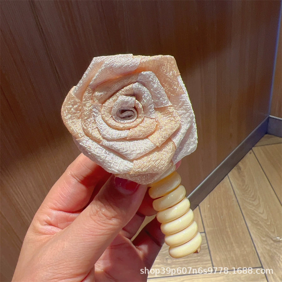 Brown White Rose Flower Spiral Hair Tie Fabric Hair Accessories Bulk