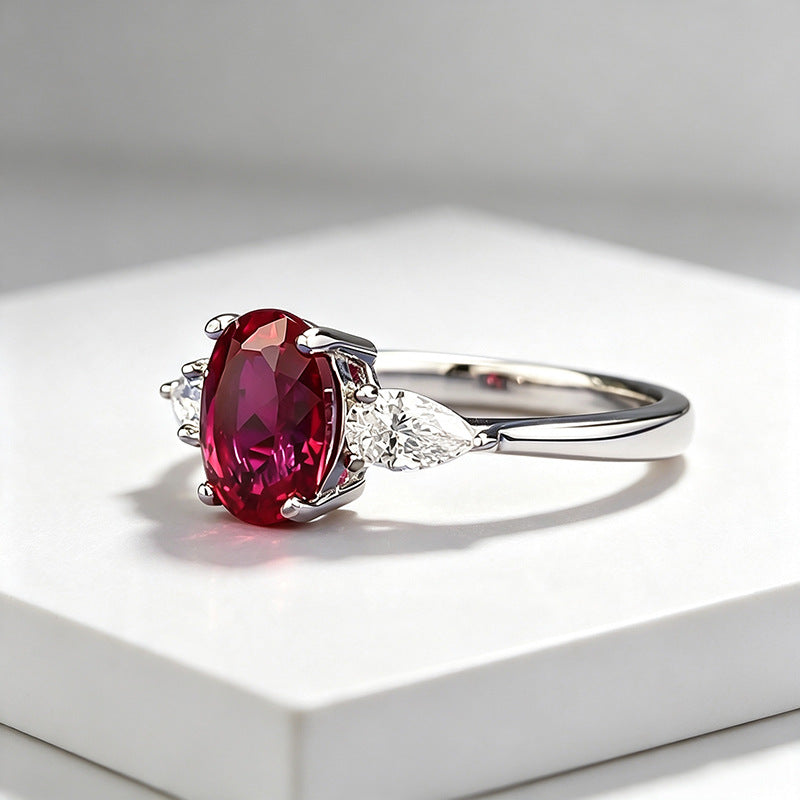 Luxury Oval Ruby Red Silver Plated CZ Solitaire Ring For Women Bulk