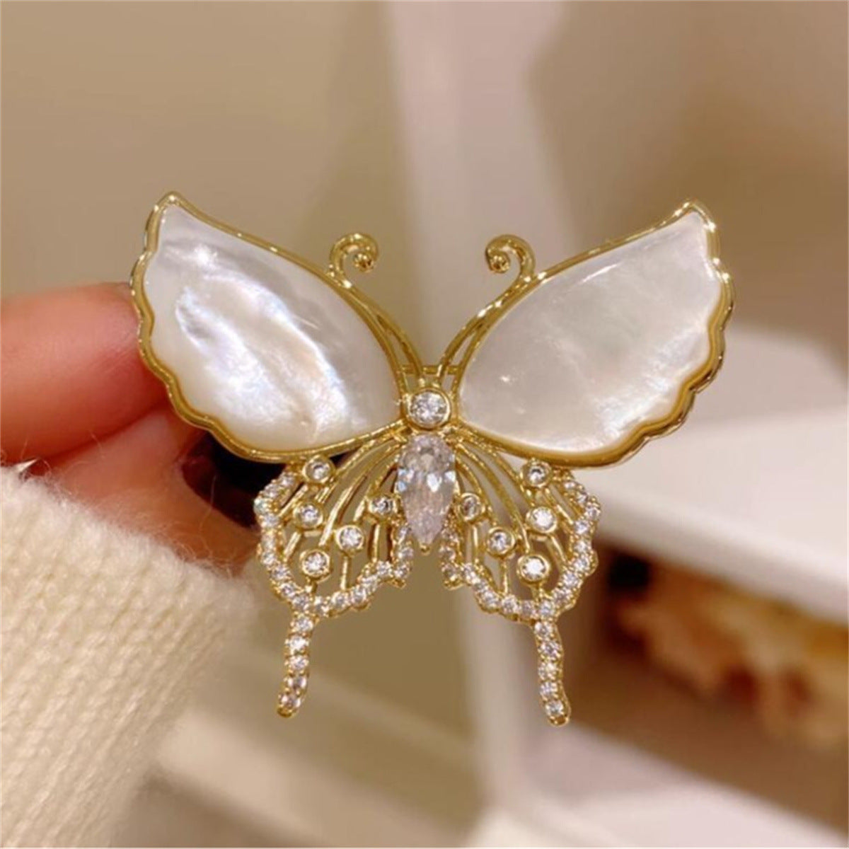 Designer Butterfly Gold Mother Of Pearl CZ Copper Brooch Wholesale