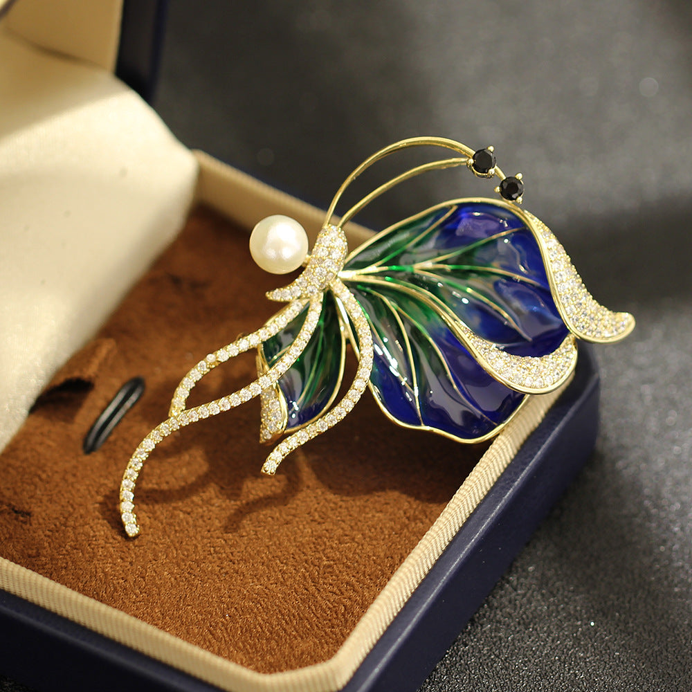 Blue & Green Floral Gold Plated CZ Enamel Faux Pearl Copper Brooch Bulk