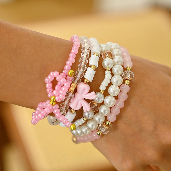 Pink Layered Stretchable Bow Charm Gold Plated Crystal Bracelet Bulk Main image