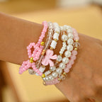 Pink Layered Stretchable Bow Charm Gold Plated Crystal Bracelet Bulk