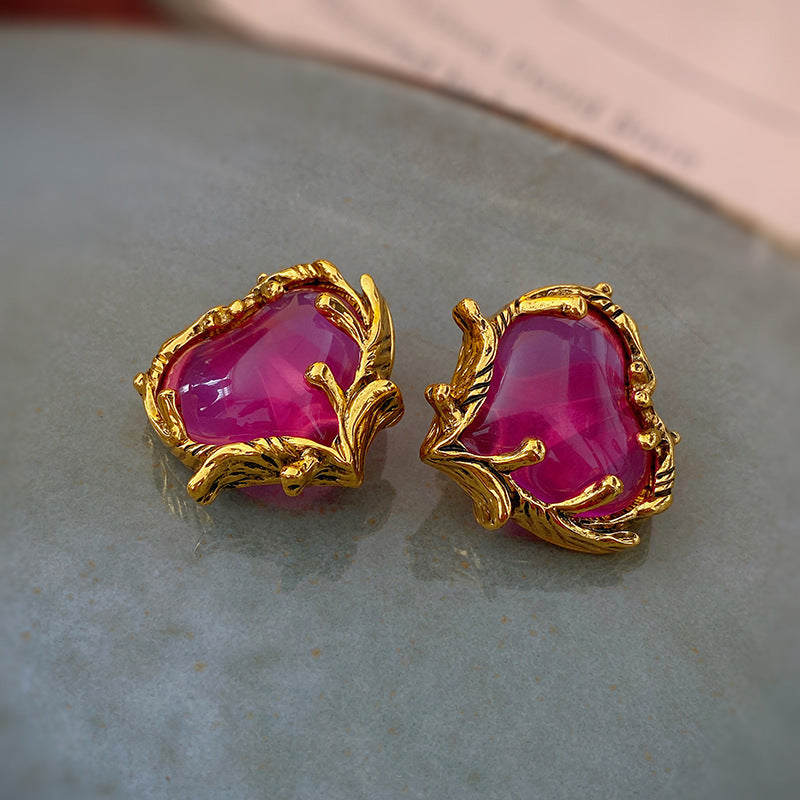 Pink Heart Gold Plated Beads Alloy Stud Earrings For Women Wholesale