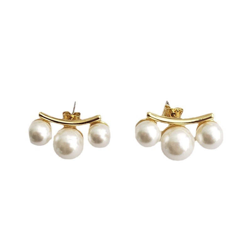 White Modern Arc Style Gold Plated Pearl Copper Stud Earrings Wholesale