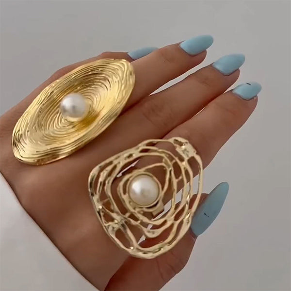 Oval Beaten Finish Pearl 18K Gold Plated Free Size Ring For Women Secondary image