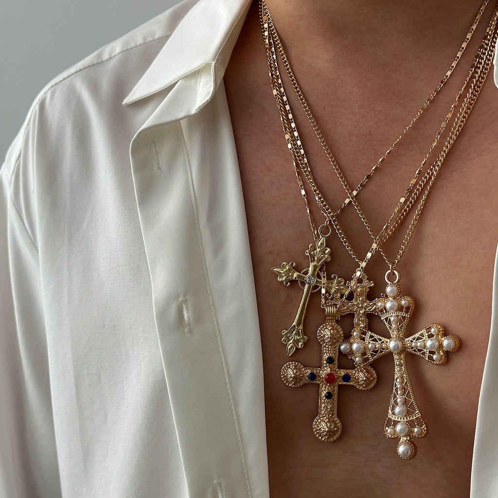Jesus Cross Rosary 18K Gold Anti Tarnish Necklace Pendant Chain Bulk