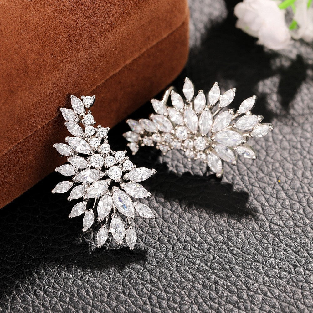 Premium Marquise Cut Leaf Gold Silver CZ Copper Stud Earrings Wholesale