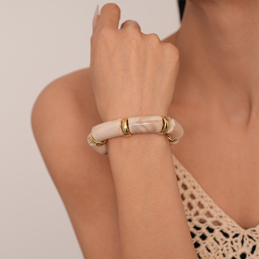 Acrylic Bamboo 18K Gold Blue Beads Stackable Adjustable Bracelet Bulk