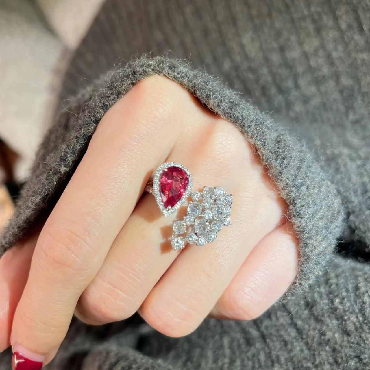 Bulk Red Floral & Teardrop Style Gold CZ Copper Adjustable Fancy Ring
