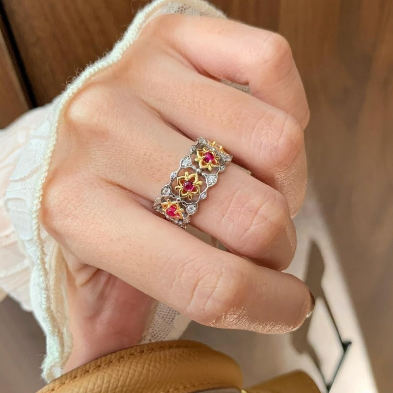 Flower Pink Gold Silver CZ Anti Tarnish Adjustable Ring Bulk