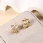 White Sparkling Bowknot Gold CZ Anti Tarnish Copper Stud Earrings Bulk