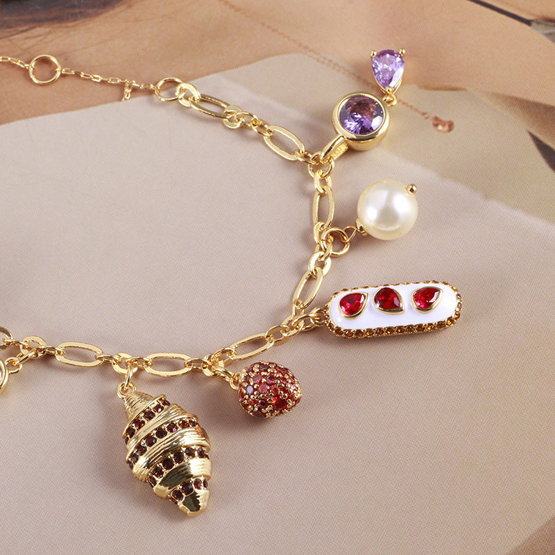 Strawberry Cake Bread Inlaid Pearl Cubic Zirconia Anti Tarnish Charm Chain Bracelet For Women