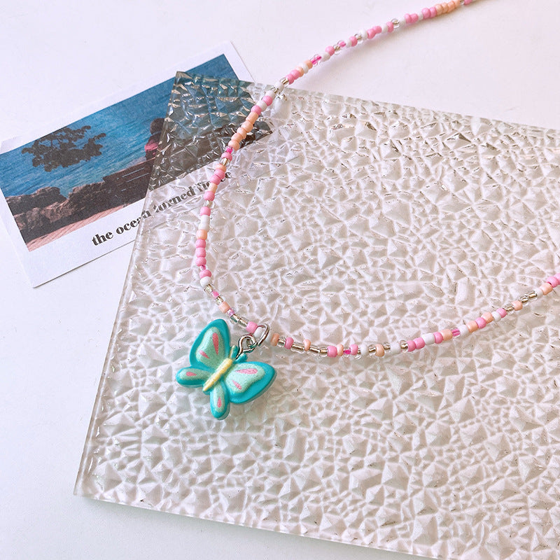 Green Butterfly Pink White Beaded Silver Charm Necklace Kids Bulk
