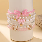 Pink Layered Stretchable Bow Charm Gold Plated Crystal Bracelet Bulk