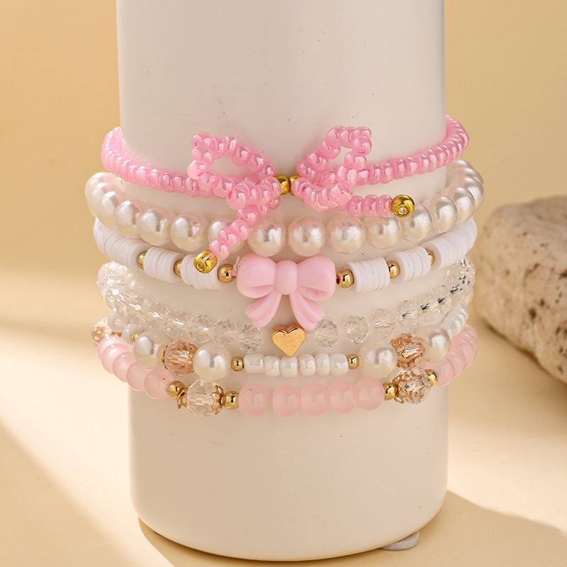Pink Layered Stretchable Bow Charm Gold Plated Crystal Bracelet Bulk