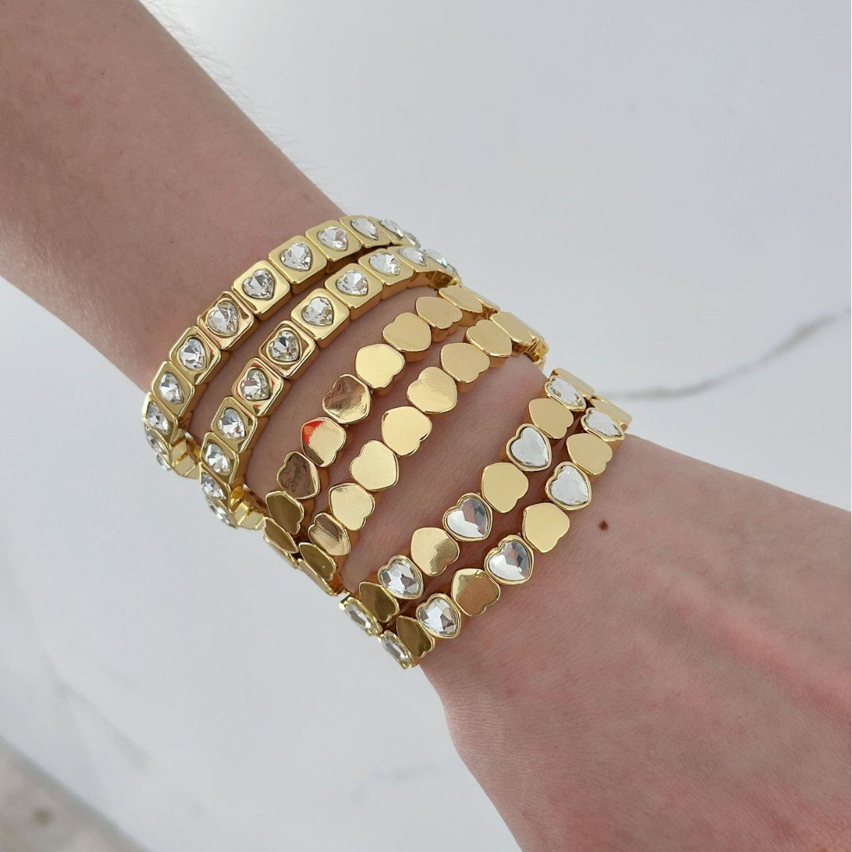 Heart Stretchable Gold Plated CZ Anti Tarnish Brass Bracelet Wholesale
