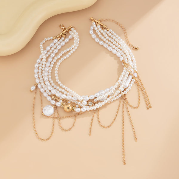 Multi Pearl Layer Link Chain 18K Gold Choker Necklace For Women Bulk Main image