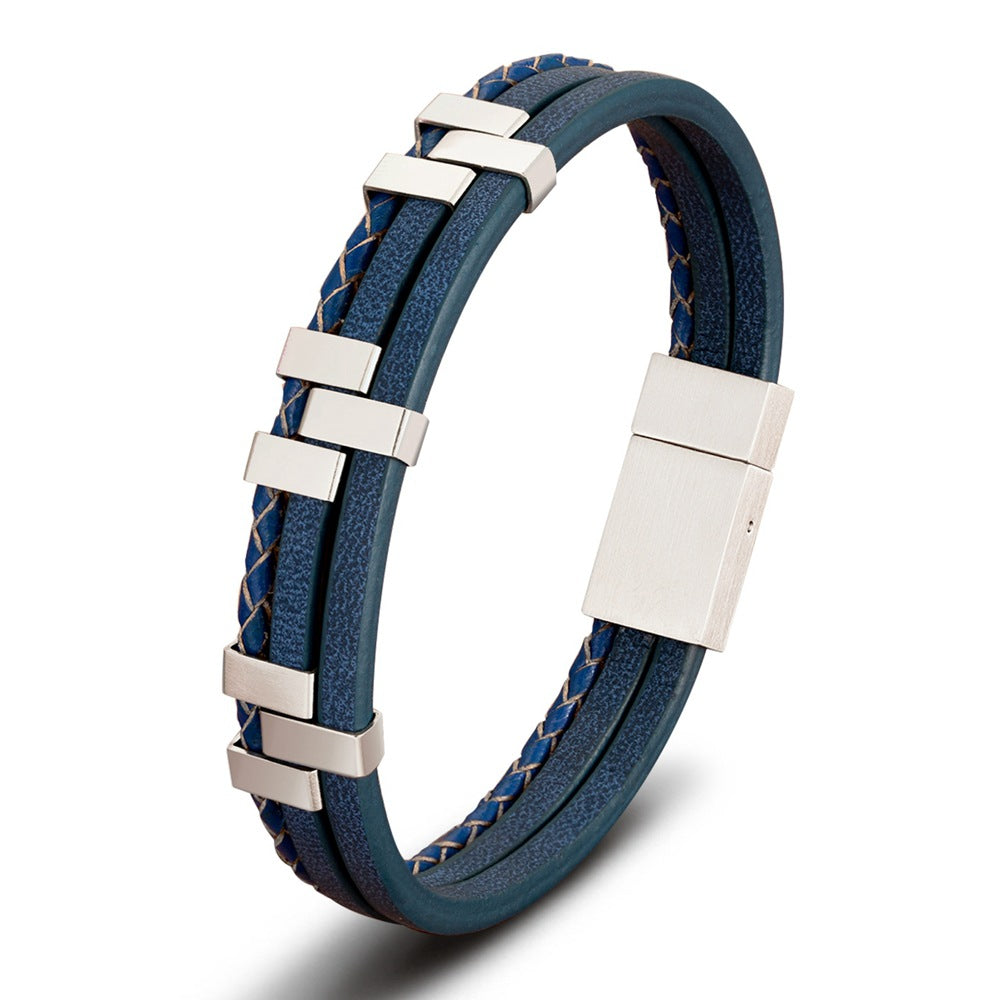 Layer Black Brown Blue Silver Leather Stainless Steel Bracelet Bulk