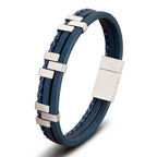 Layer Black Brown Blue Silver Leather Stainless Steel Bracelet Bulk