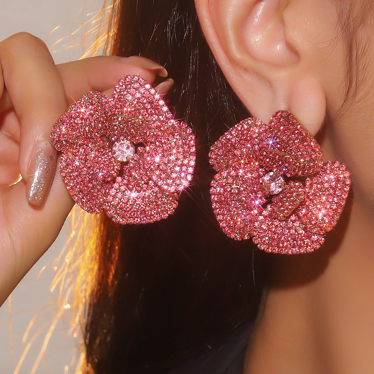 Flower Floral Pink Cubic Zirconia Crystal Stud Earring For Women Bulk Secondary image