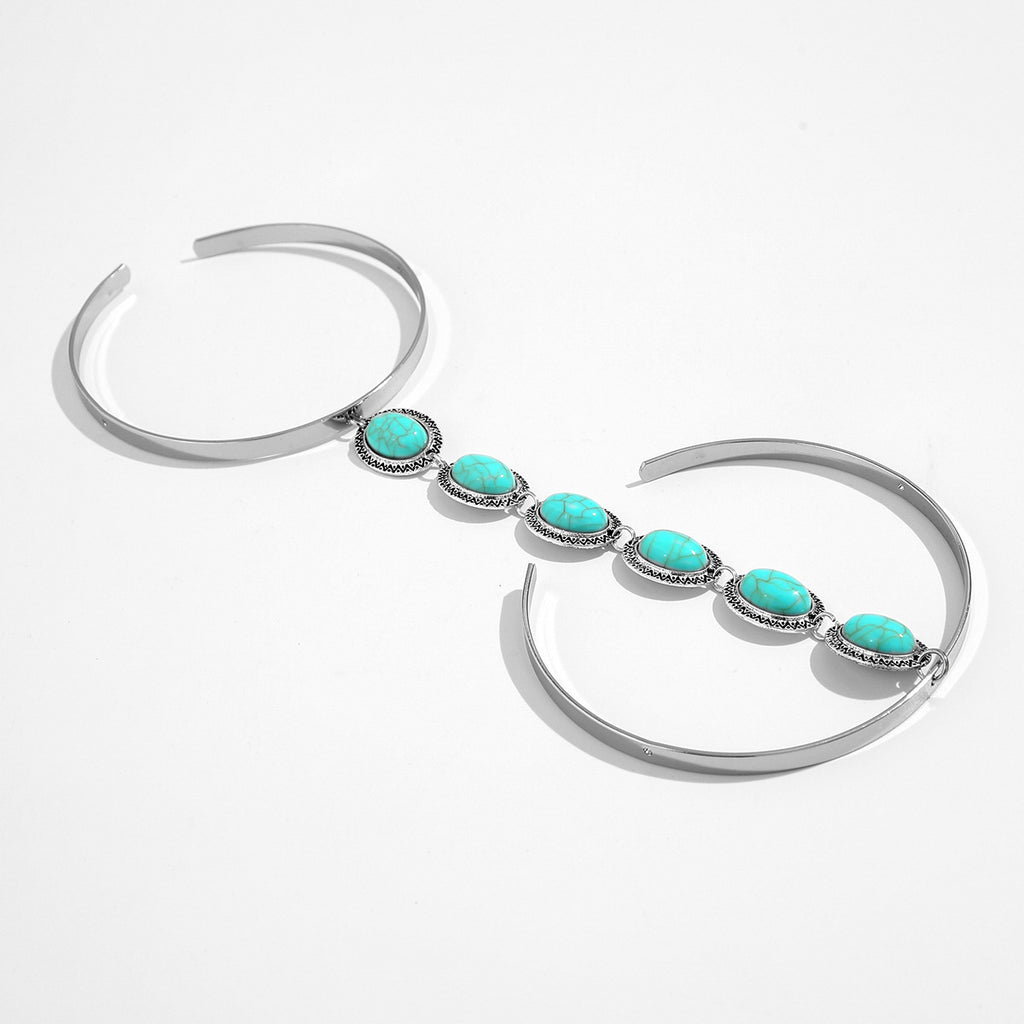 Oval Turquoise Green Beards Green Silver Open Arm Bracelet Women Bulk
