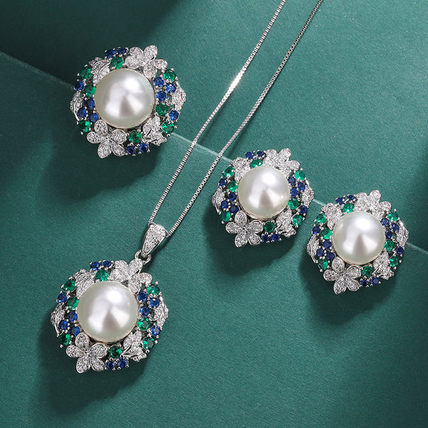 Sunflower Silver Blue White Pearl CZ Crystal Necklace Earring Set Bulk Main image