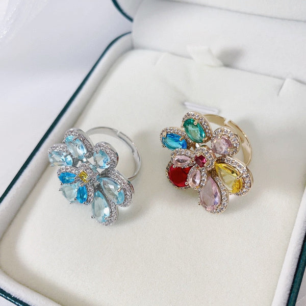 Bulk Blue Multi Color Flower Gold CZ Copper Adjustable Cocktail Ring Main image