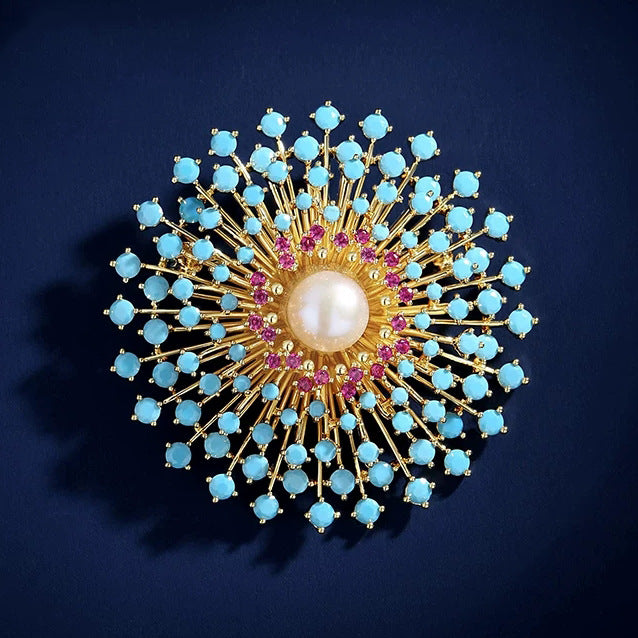 Designer Round Floral Gold Silver Plated CZ Pearl Copper Brooch Bulk