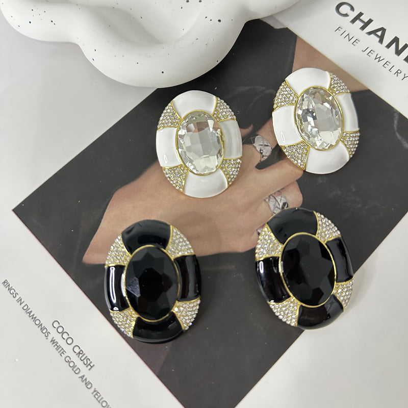 Oval 18K Gold White Enamel Cubic Zirconia Stud Earring For Women Bulk