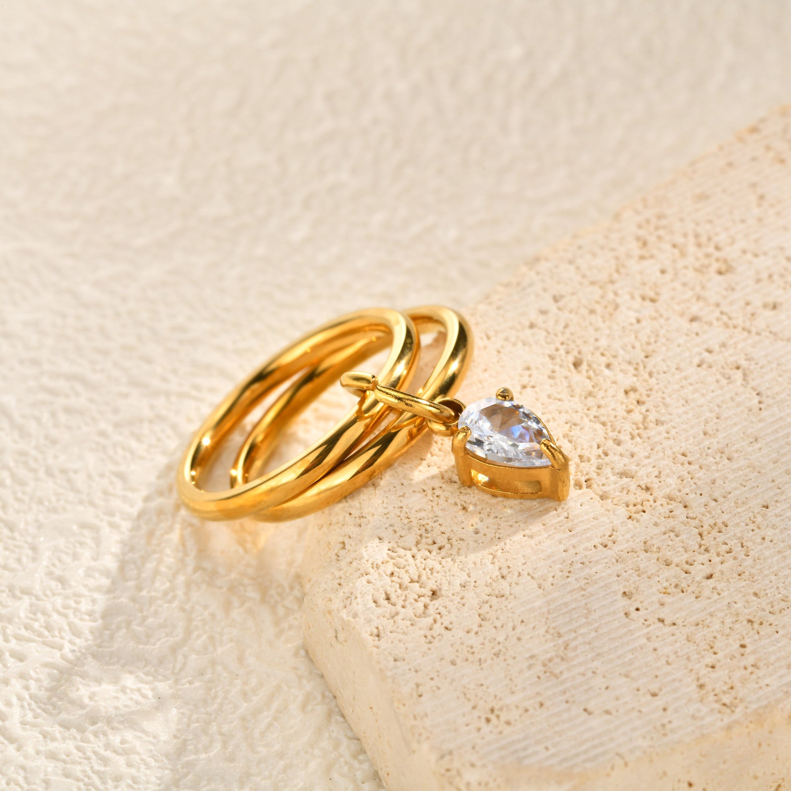Bulk Double Band Teardrop Shape Gold CZ Stainless Steel Fancy Ring
