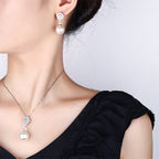 White Gray Elegant Leaf Silver CZ Pearl Copper Necklace Earring Set Bulk