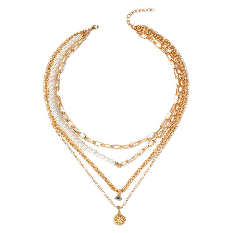 Multi Layer Gold Chain White Pearl Blue Evil Eye Sun Charm Necklace Bulk
