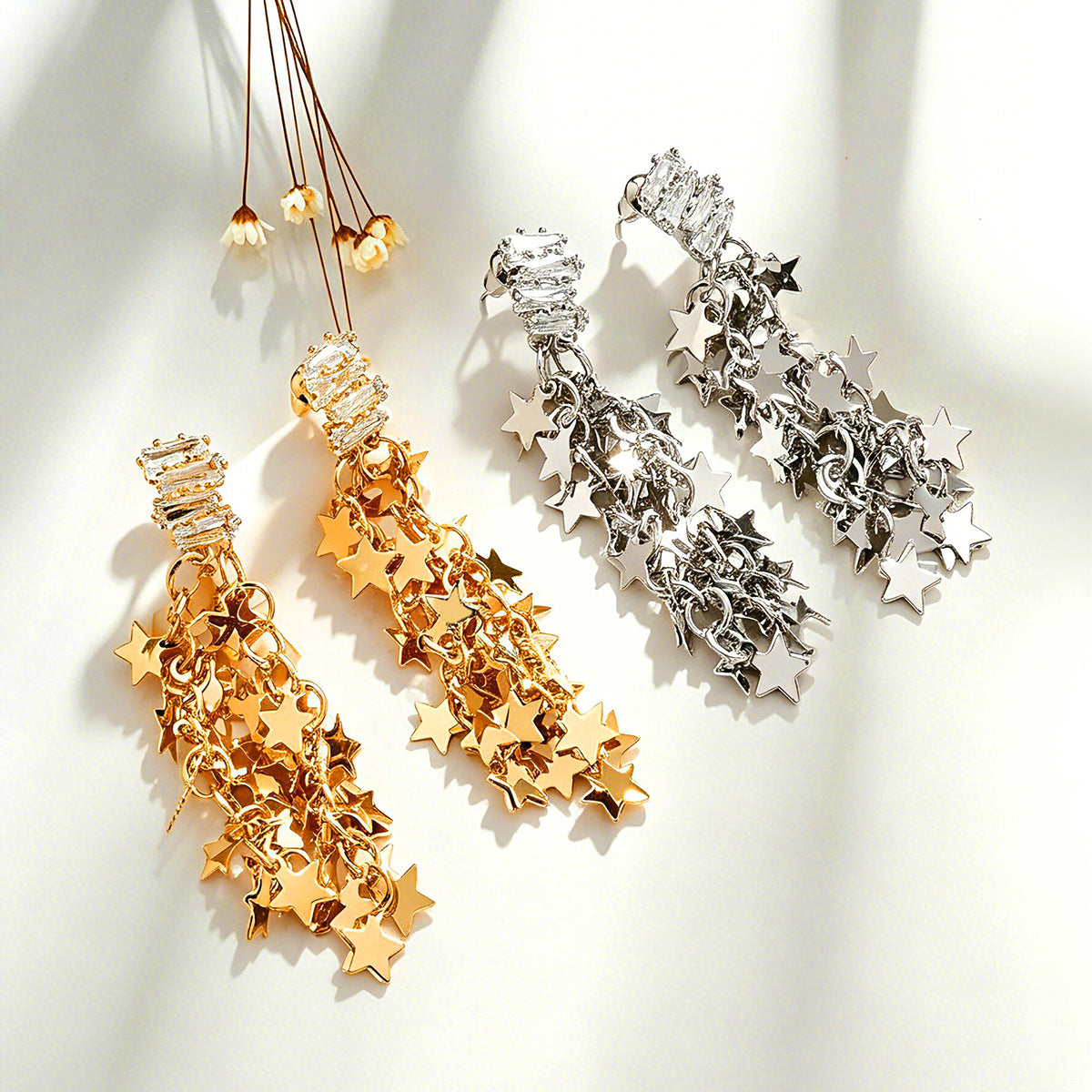Gold Silver Star Cubic Zirconia Copper Dangler Earrings For Women Bulk