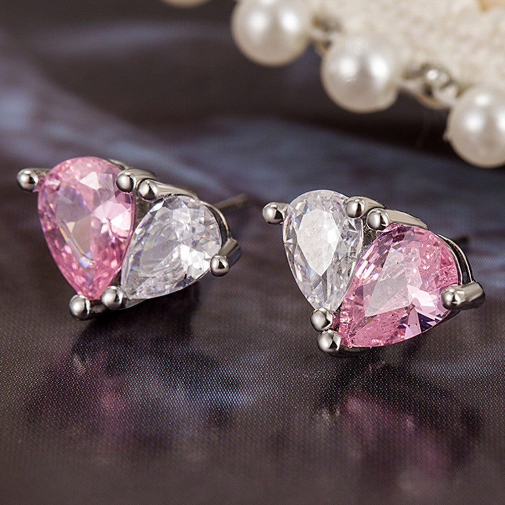 Heart Cut Pink & White Gold Silver CZ Copper Necklace Earring Set Bulk